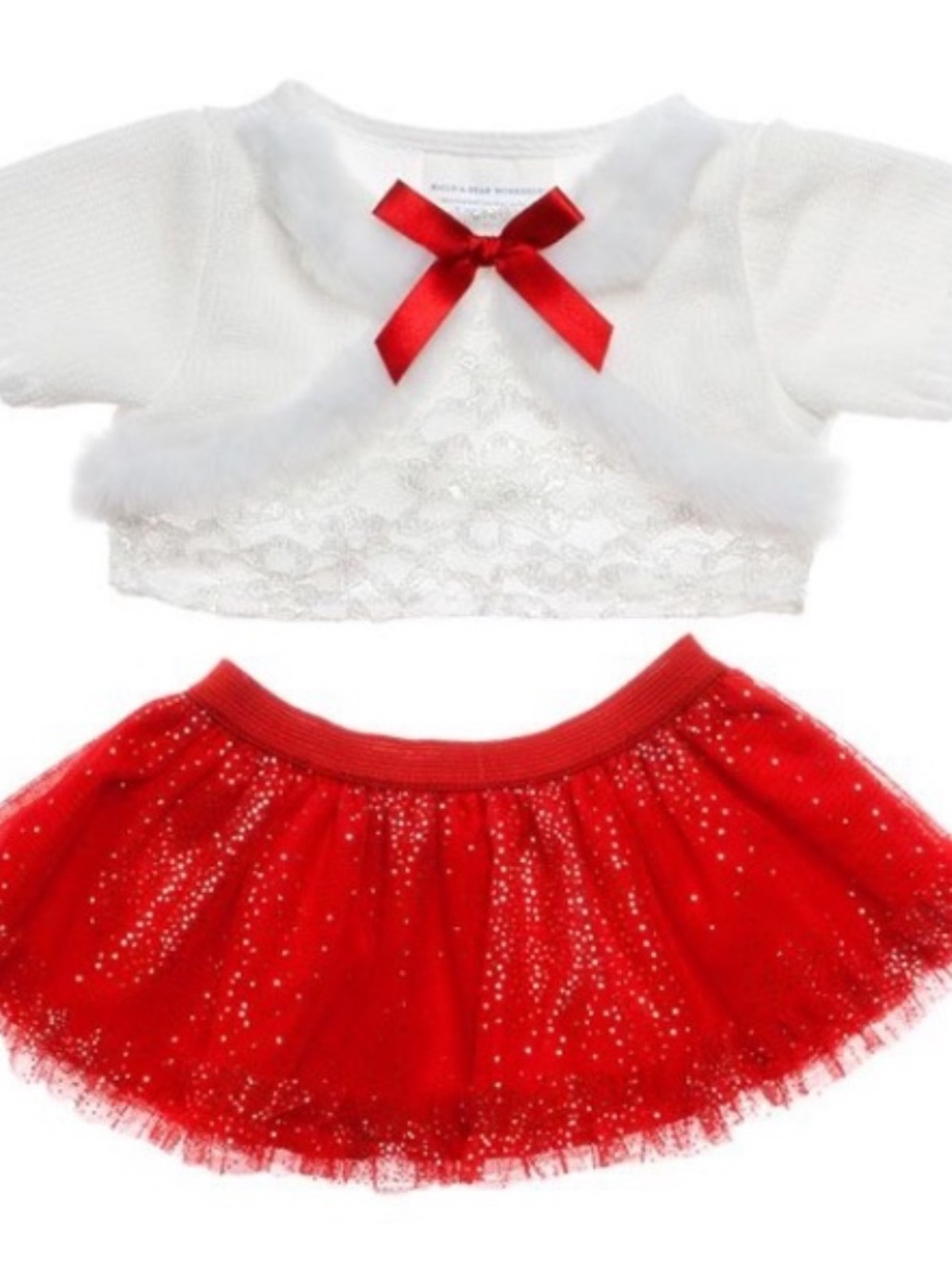 Bulid a bear white sweater with bow and a red sparkly tutu skirt .